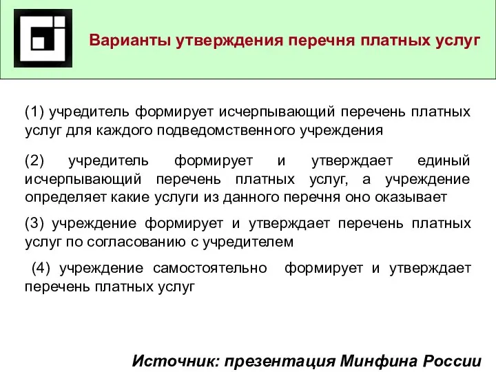 Варианты утверждения перечня платных услуг Источник: презентация Минфина России (1) учредитель