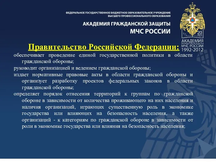 Правительство Российской Федерации: обеспечивает проведение единой государственной политики в области гражданской