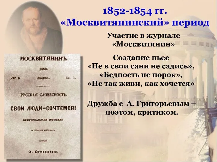 1852-1854 гг. «Москвитянинский» период Участие в журнале «Москвитянин» Создание пьес «Не