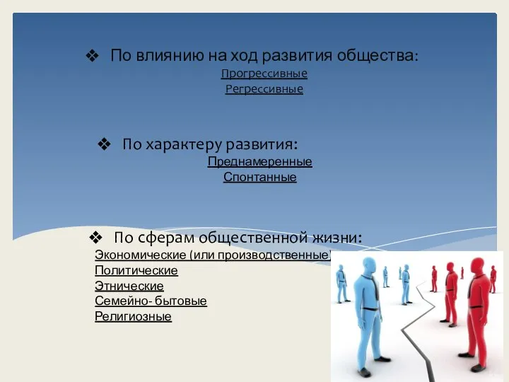 По влиянию на ход развития общества: Прогрессивные Регрессивные По характеру развития: