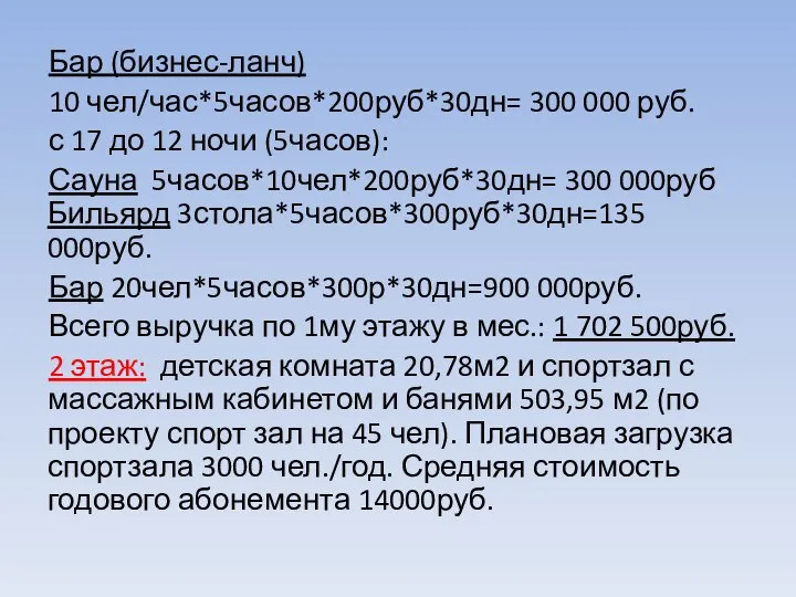 Бар (бизнес-ланч) 10 чел/час*5часов*200руб*30дн= 300 000 руб. с 17 до 12