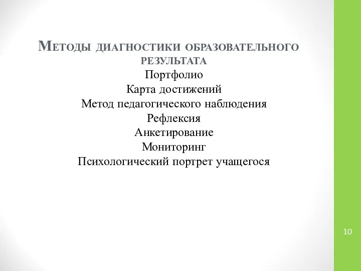 Методы диагностики образовательного результата Портфолио Карта достижений Метод педагогического наблюдения Рефлексия Анкетирование Мониторинг Психологический портрет учащегося