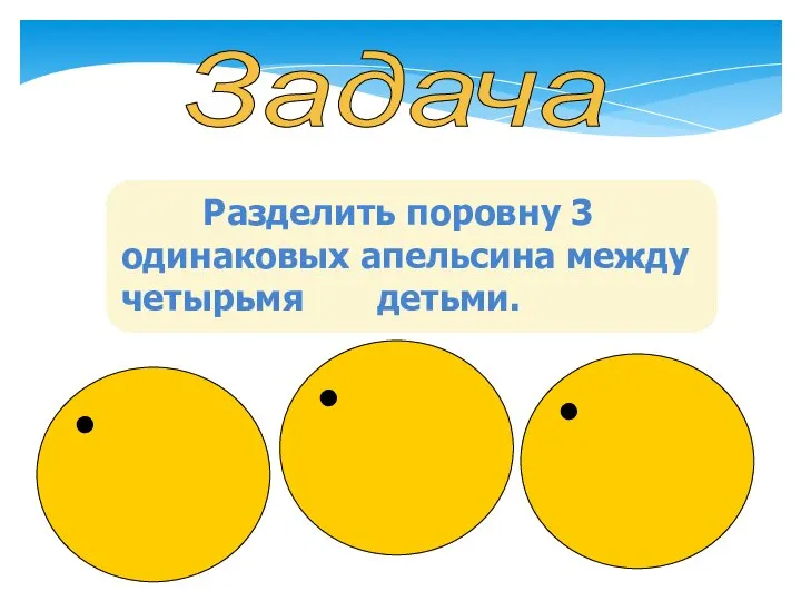 Задача Разделить поровну 3 одинаковых апельсина между четырьмя детьми.