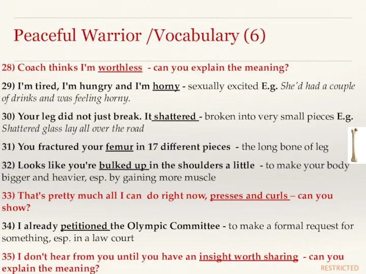 Peaceful Warrior /Vocabulary (6) 28) Coach thinks I'm worthless - can