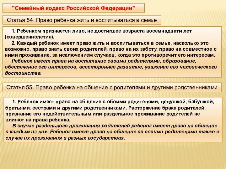 "Семейный кодекс Российской Федерации" Статья 54. Право ребенка жить и воспитываться