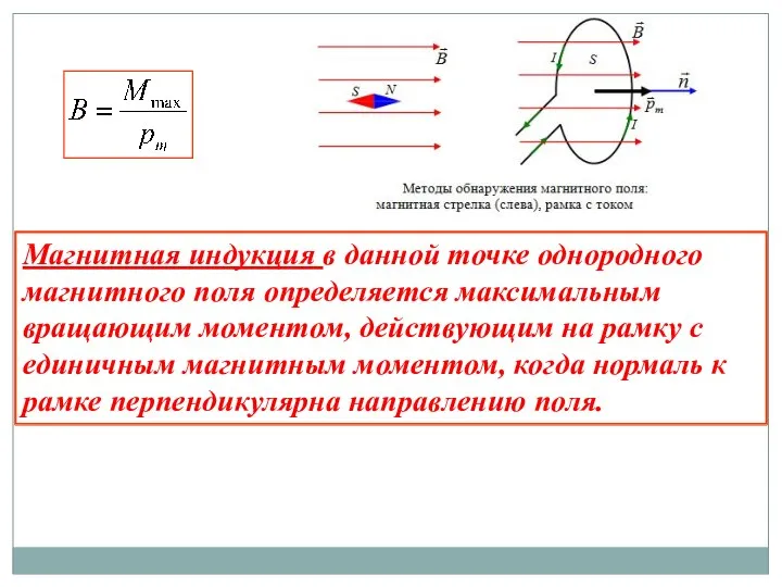 Магнитная индукция в данной точке однородного магнитного поля определяется максимальным вращающим