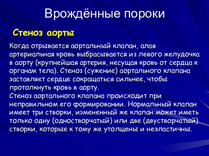 Врождённые пороки Стеноз аорты Когда отрывается аортальный клапан, алая артериальная кровь