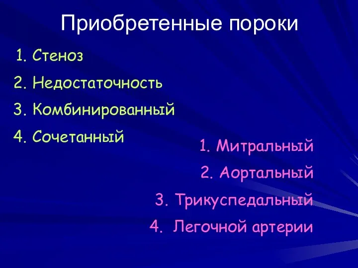 Приобретенные пороки Стеноз Недостаточность Комбинированный Сочетанный Митральный Аортальный Трикуспедальный Легочной артерии