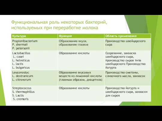 Функциональная роль некоторых бактерий, используемых при переработке молока