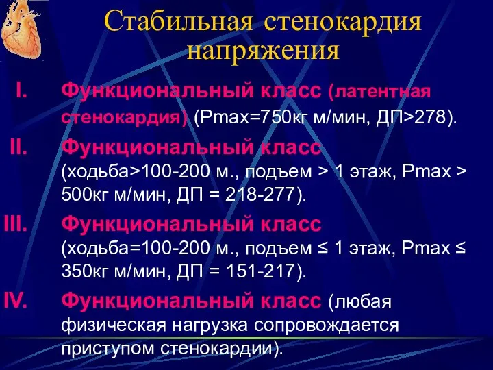 Стабильная стенокардия напряжения Функциональный класс (латентная стенокардия) (Рmax=750кг м/мин, ДП>278). Функциональный