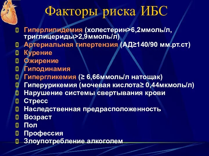 Факторы риска ИБС Гиперлипидемия (холестерин>6,2ммоль/л, триглицериды>2,9ммоль/л) Артериальная гипертензия (АД≥140/90 мм.рт.ст) Курение