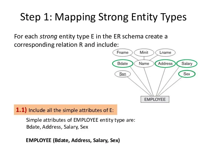 Step 1: Mapping Strong Entity Types 1.1) Include all the simple