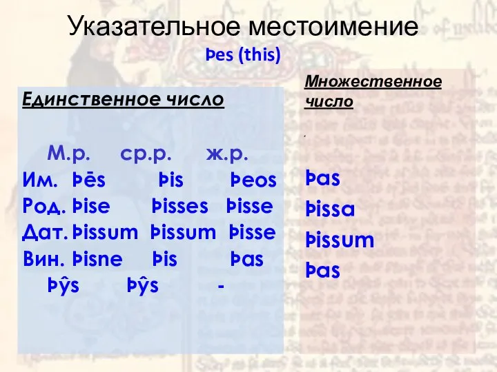 Указательное местоимение Þes (this) Единственное число М.р. ср.р. ж.р. Им. Þēs