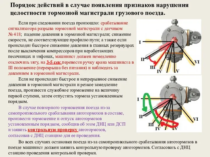 Если при следовании поезда произошло: срабатывание сигнализатора разрыва тормозной магистрали с