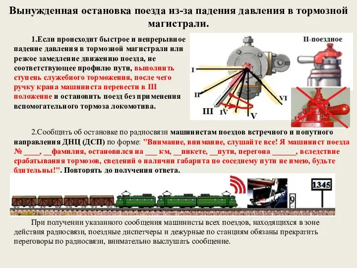 Вынужденная остановка поезда из-за падения давления в тормозной магистрали. 1.Если происходит