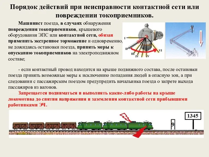 Порядок действий при неисправности контактной сети или повреждении токоприемников. Машинист поезда,