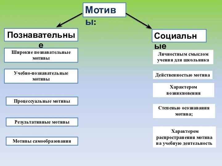 Познавательные Социальные Мотивы: Учебно-познавательные мотивы Процессуальные мотивы Результативные мотивы Широкие познавательные