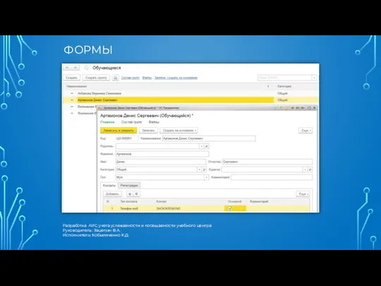 ФОРМЫ Разработка АИС учета успеваемости и посещаемости учебного центра Руководитель: Зацепин В.А. Исполнитель: Кобыляченко К.Д.