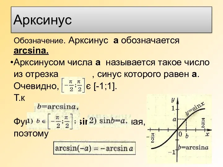 Арксинус Обозначение. Арксинус а обозначается arcsina. Арксинусом числа а называется такое