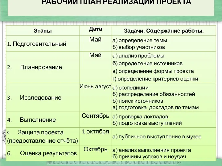 РАБОЧИЙ ПЛАН РЕАЛИЗАЦИИ ПРОЕКТА