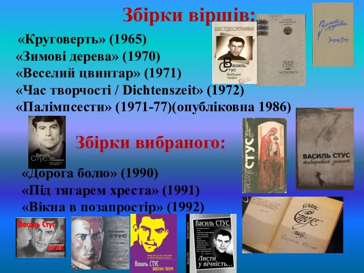 Збірки віршів: «Круговерть» (1965) «Зимові дерева» (1970) «Веселий цвинтар» (1971) «Час