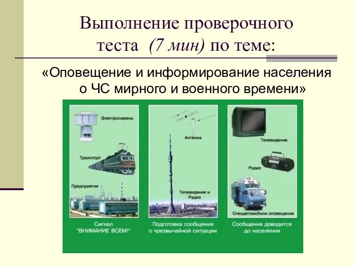 Выполнение проверочного теста (7 мин) по теме: «Оповещение и информирование населения