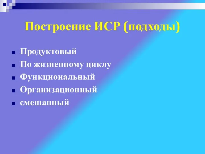 Построение ИСР (подходы) Продуктовый По жизненному циклу Функциональный Организационный смешанный