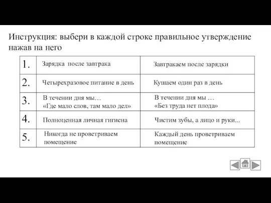 Зарядка после завтрака Завтракаем после зарядки Инструкция: выбери в каждой строке