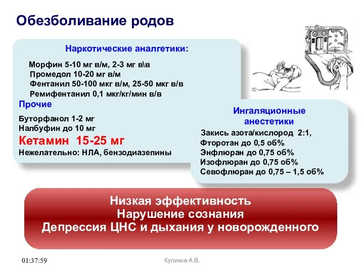 01:37:59 Наркотические аналгетики: Морфин 5-10 мг в/м, 2-3 мг в\в Промедол