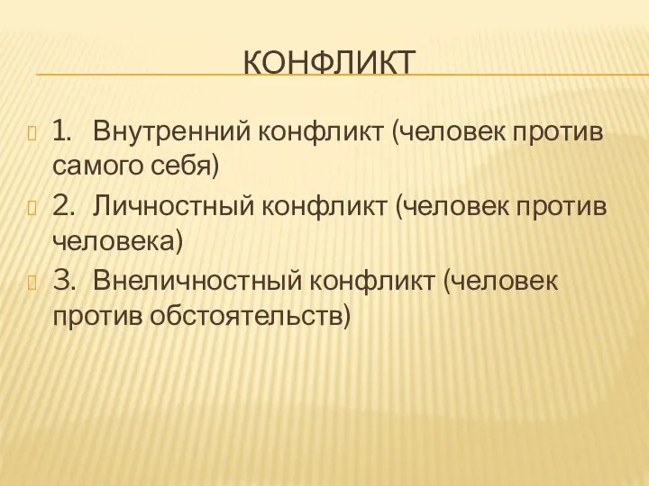 КОНФЛИКТ 1. Внутренний конфликт (человек против самого себя) 2. Личностный конфликт