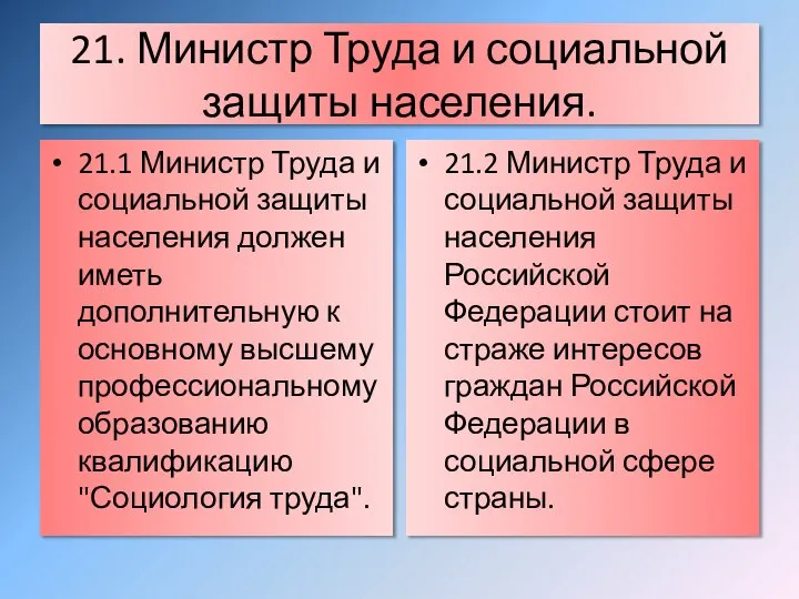 21. Министр Труда и социальной защиты населения. 21.1 Министр Труда и