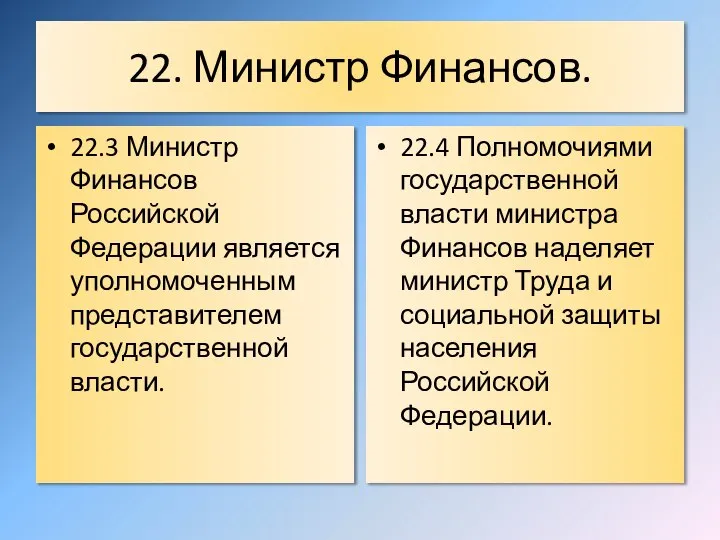 22. Министр Финансов. 22.3 Министр Финансов Российской Федерации является уполномоченным представителем