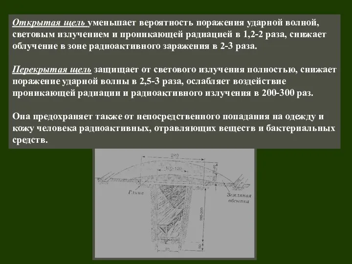 Открытая щель уменьшает вероятность поражения ударной волной, световым излучением и проникающей