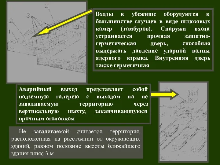 Входы в убежище оборудуются в большинстве случаев в виде шлюзовых камер