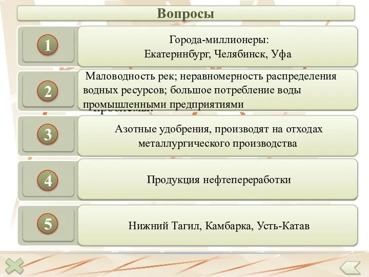 Вопросы Города-миллионеры: Екатеринбург, Челябинск, Уфа 1 2 3 4 5 Маловодность