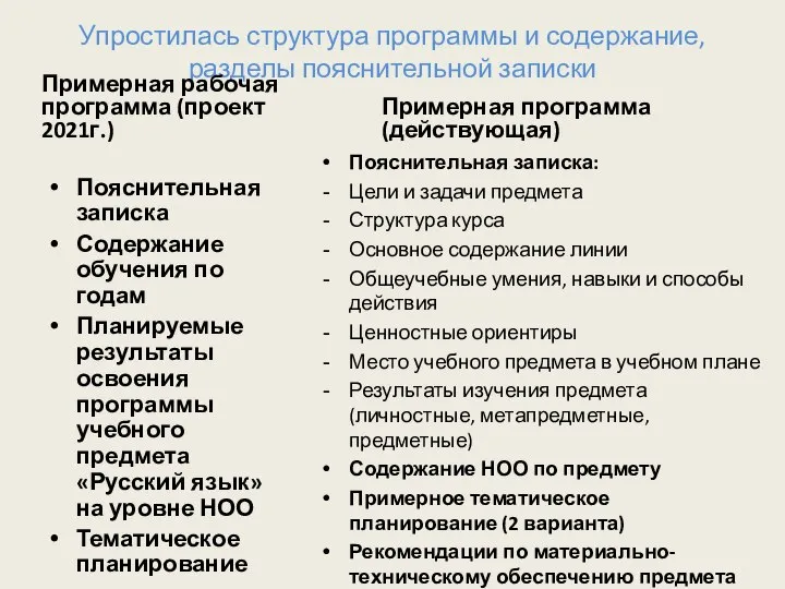 Упростилась структура программы и содержание, разделы пояснительной записки Примерная рабочая программа