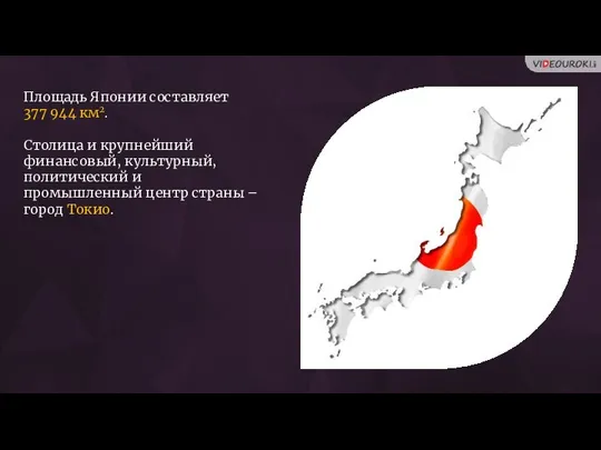 Площадь Японии составляет 377 944 км2. Столица и крупнейший финансовый, культурный,