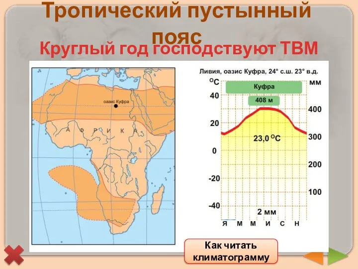 Тропический пустынный пояс Круглый год господствуют ТВМ Как читать климатограмму