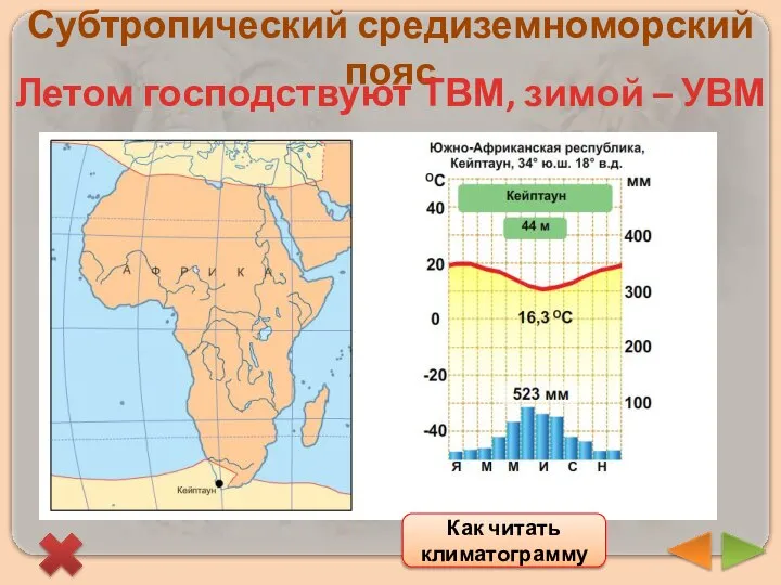 Субтропический средиземноморский пояс Летом господствуют ТВМ, зимой – УВМ Как читать климатограмму