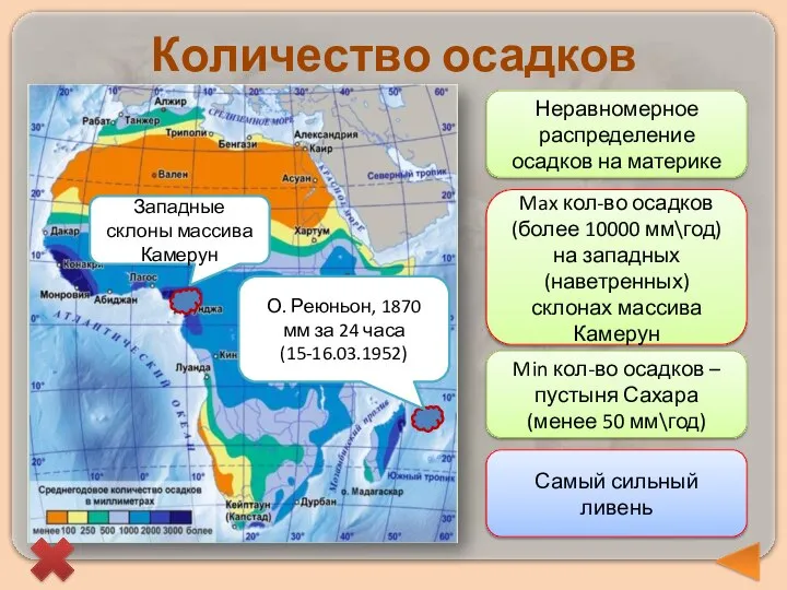 Количество осадков Самый сильный ливень О. Реюньон, 1870 мм за 24