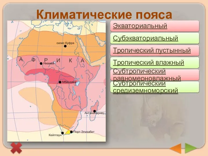 Климатические пояса Экваториальный Субэкваториальный Тропический пустынный Тропический влажный Субтропический равномерновлажный Субтропический средиземноморский