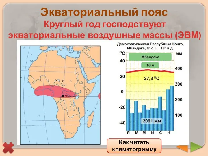 Экваториальный пояс Круглый год господствуют экваториальные воздушные массы (ЭВМ) Как читать климатограмму