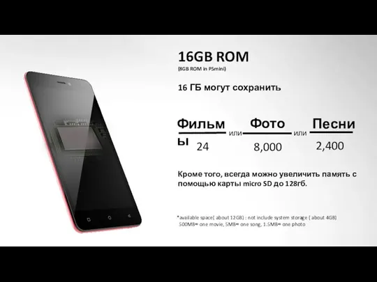 16GB ROM (8GB ROM in P5mini) 16 ГБ могут сохранить Кроме