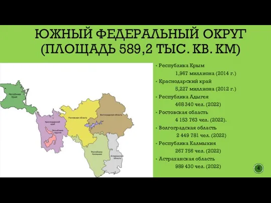 ЮЖНЫЙ ФЕДЕРАЛЬНЫЙ ОКРУГ (ПЛОЩАДЬ 589,2 ТЫС. КВ. КМ) Республика Крым 1,967