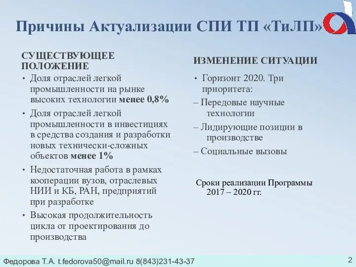 Причины Актуализации СПИ ТП «ТиЛП» СУЩЕСТВУЮЩЕЕ ПОЛОЖЕНИЕ Доля отраслей легкой промышленности