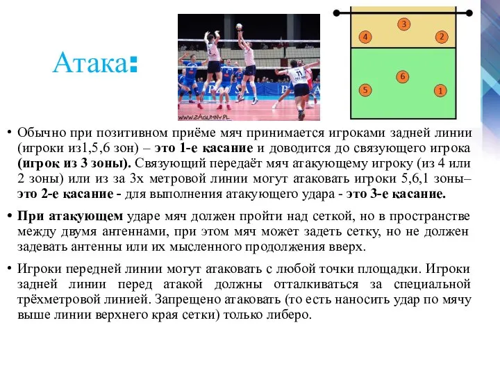 Обычно при позитивном приёме мяч принимается игроками задней линии (игроки из1,5,6