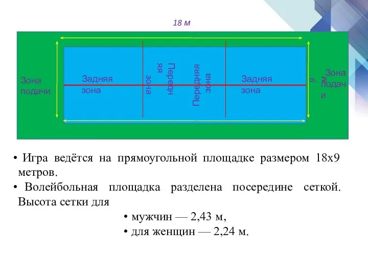 Игра ведётся на прямоугольной площадке размером 18х9 метров. Волейбольная площадка разделена