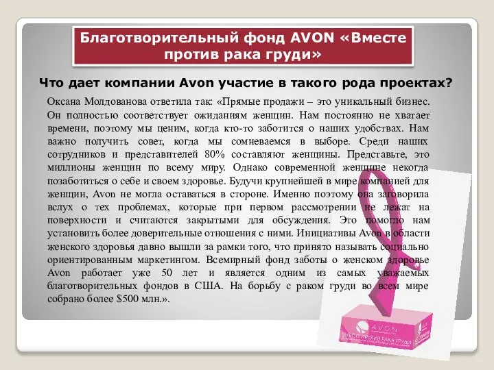 Благотворительный фонд AVON «Вместе против рака груди» Что дает компании Avon