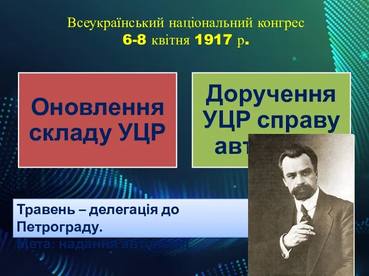 Всеукраїнський національний конгрес 6-8 квітня 1917 р. Травень – делегація до Петрограду. Мета: надання автономії