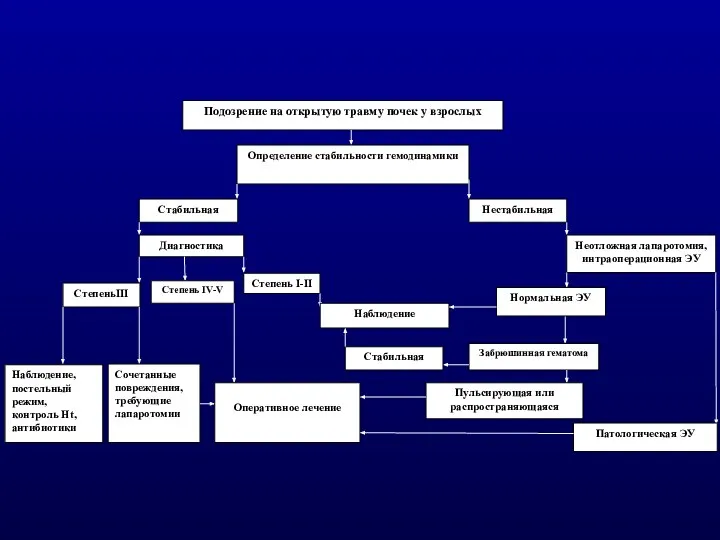 Подозрение на открытую травму почек у взрослых Определение стабильности гемодинамики Стабильная